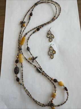 Silpada Yellow and Brown Multi-Strand Beaded Necklace with Drop Earrings
